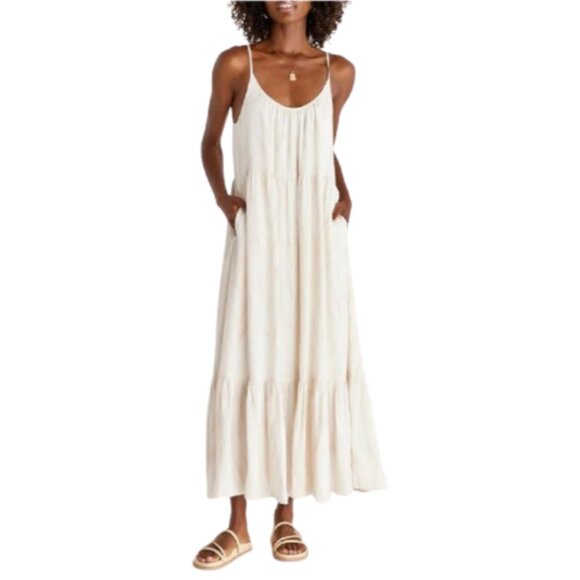 Z Supply Lido Slub Midi Maxi Dress Womens Medium Cream Ivory Sleeveless Tiered - Picture 2 of 15